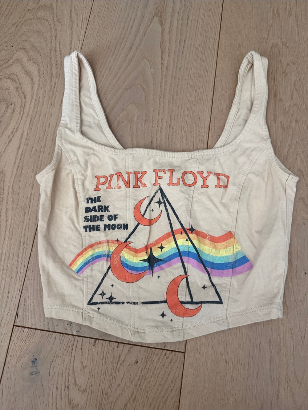 Pink Floyd Cream Crop Tank with Rainbow Prism Graphic